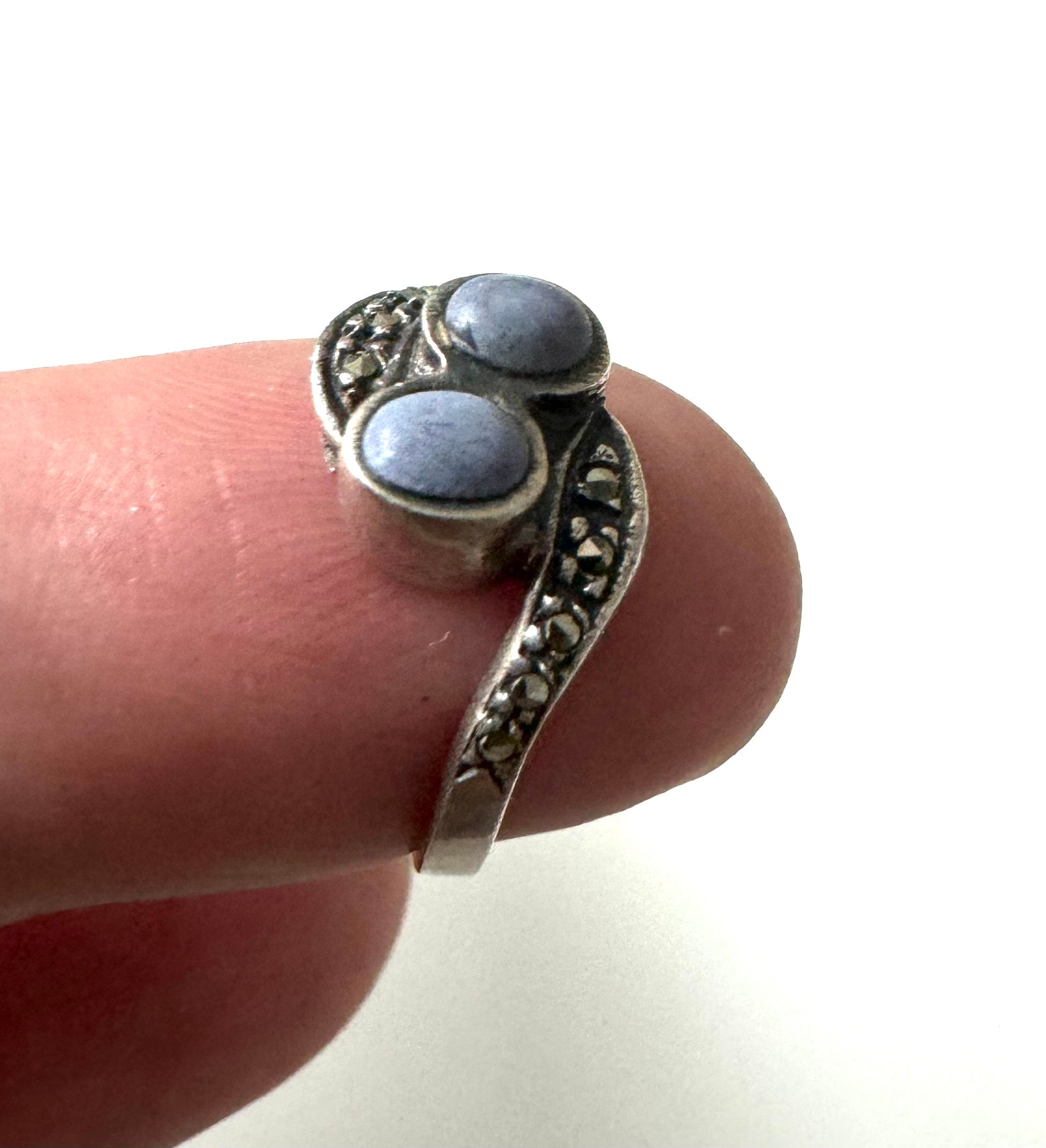 Bague Ancienne Argent Massif 925 – Alliance Style Art Déco Avec Pierre Bleue, Taille 56