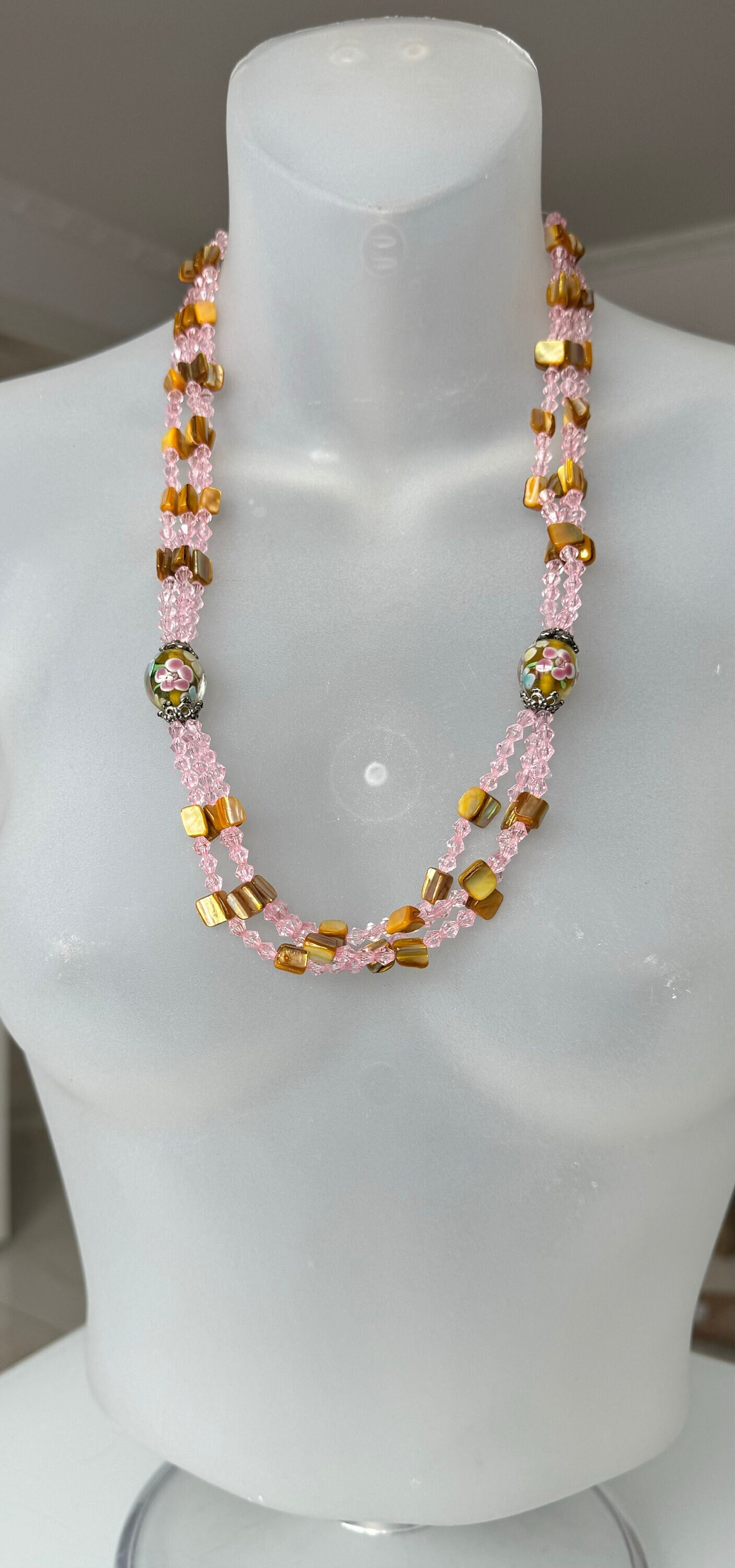 Sparkling 3-strand Necklace With Faceted Glass Elements and Sparkling 3-strand Necklace With Faceted Glass Elements and