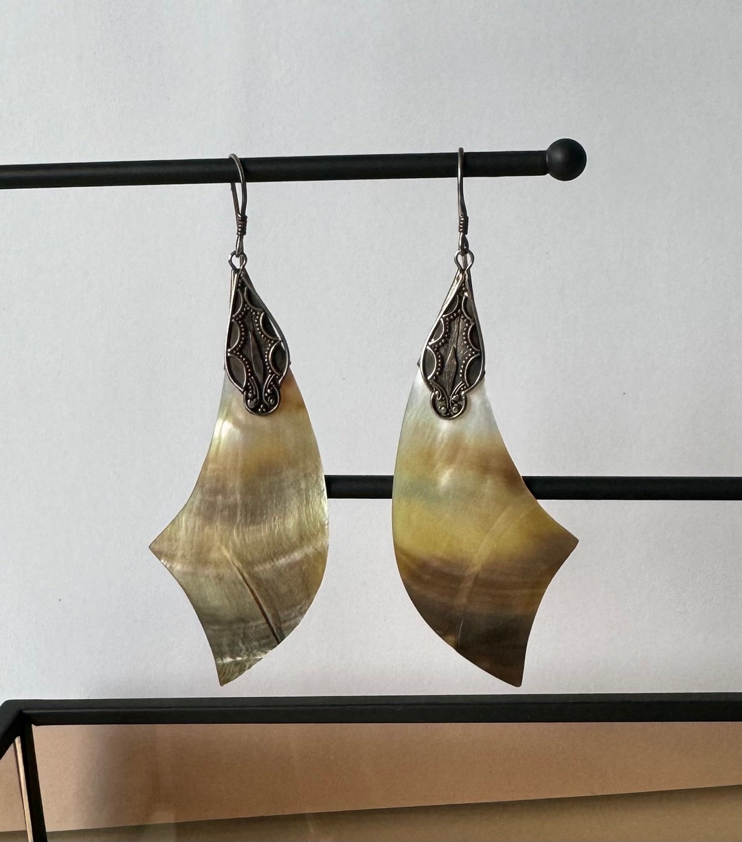 Boucles D'oreilles Pendantes Argent 925 - Coquillage Nacre - Style Mexicain Vintage - Occasion