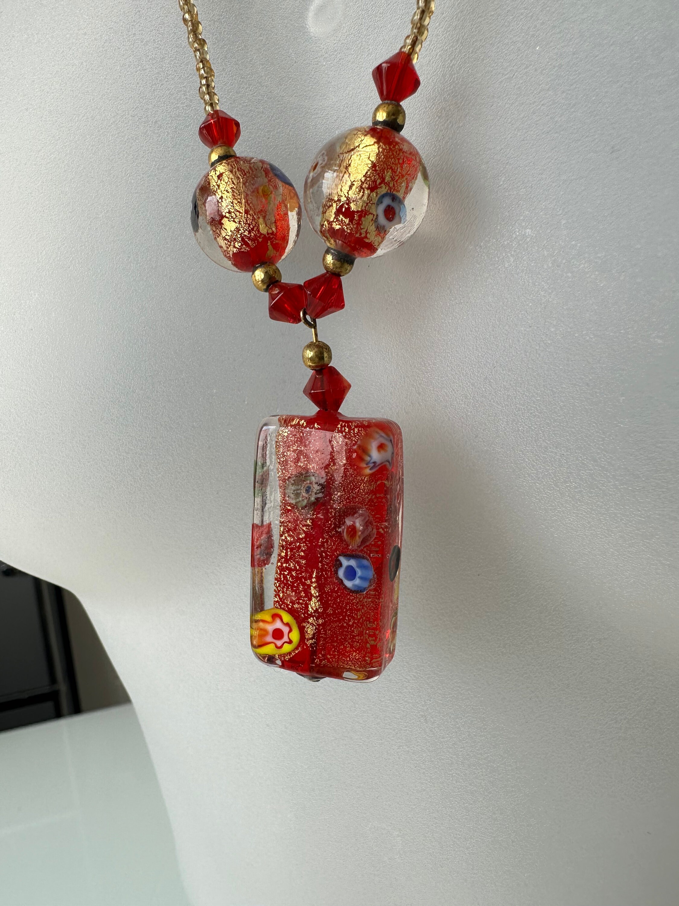 Collier Vintage En Pâte De Verre Murano - Perles Millefiori Multicolores - Bijou Ancien - Occasion