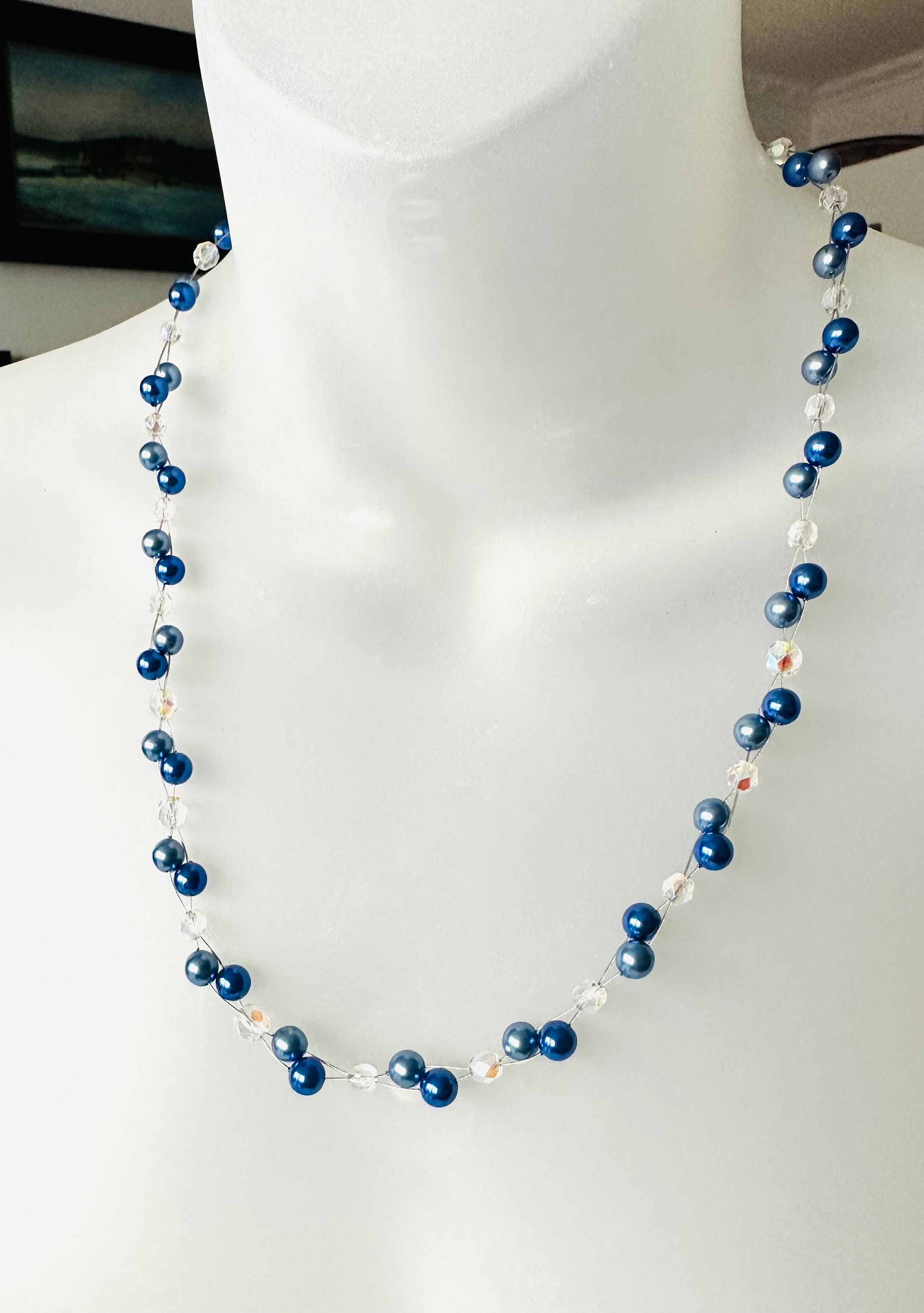 Collier Fantaisie Ancien Perles Bleues Et Dorées - Longueur 38 Cm - État Usage | Bijou Vintage Perles Bleues Ornées Doré Collier Ancien Sans Marque