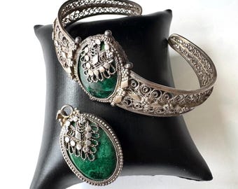 Conjunto de joias Art Nouveau em prata de lei com pedras preciosas verdes, pulseira delicada e pingente!