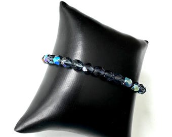 ヴィンテージガラスブレスレットブルー虹色伸縮性あり！ - Etsy 日本