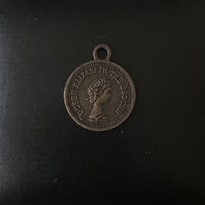 Rarity! Small 12 mm medal coin Queen Elizabeth the Second pendant Charivari Chain