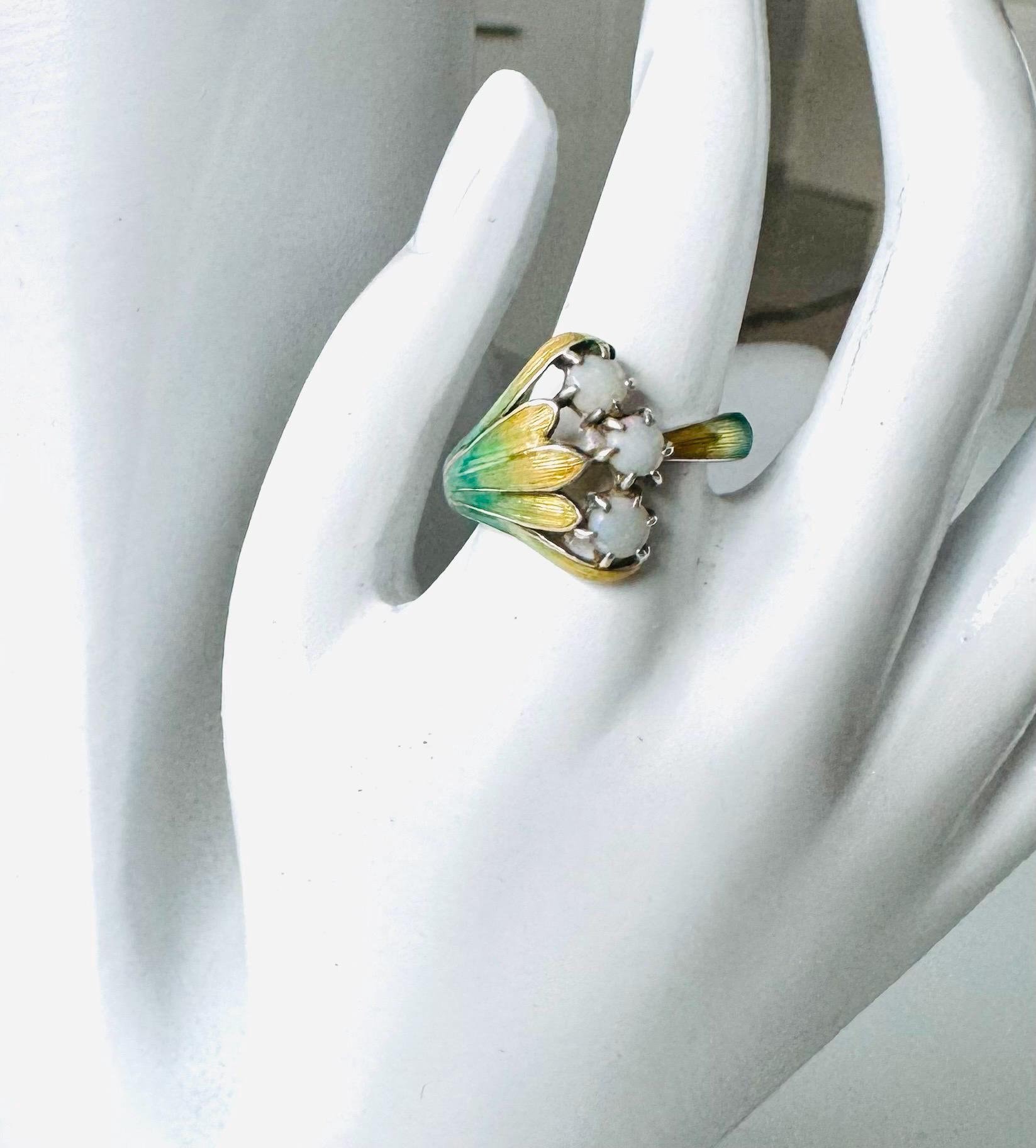 Bague En Argent 925 émaillée Style Art Nouveau - Ornée De Perles Argentées - Occasion