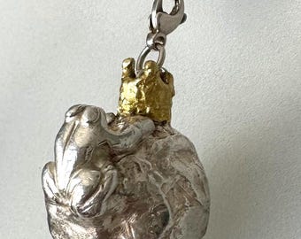 Large heavy silver pendant, Frog Prince - frog on a large ball!