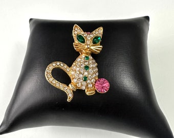 Hübsche glitzernde Katzen Brosche mit Strass Gold Modeschmuck Vintage