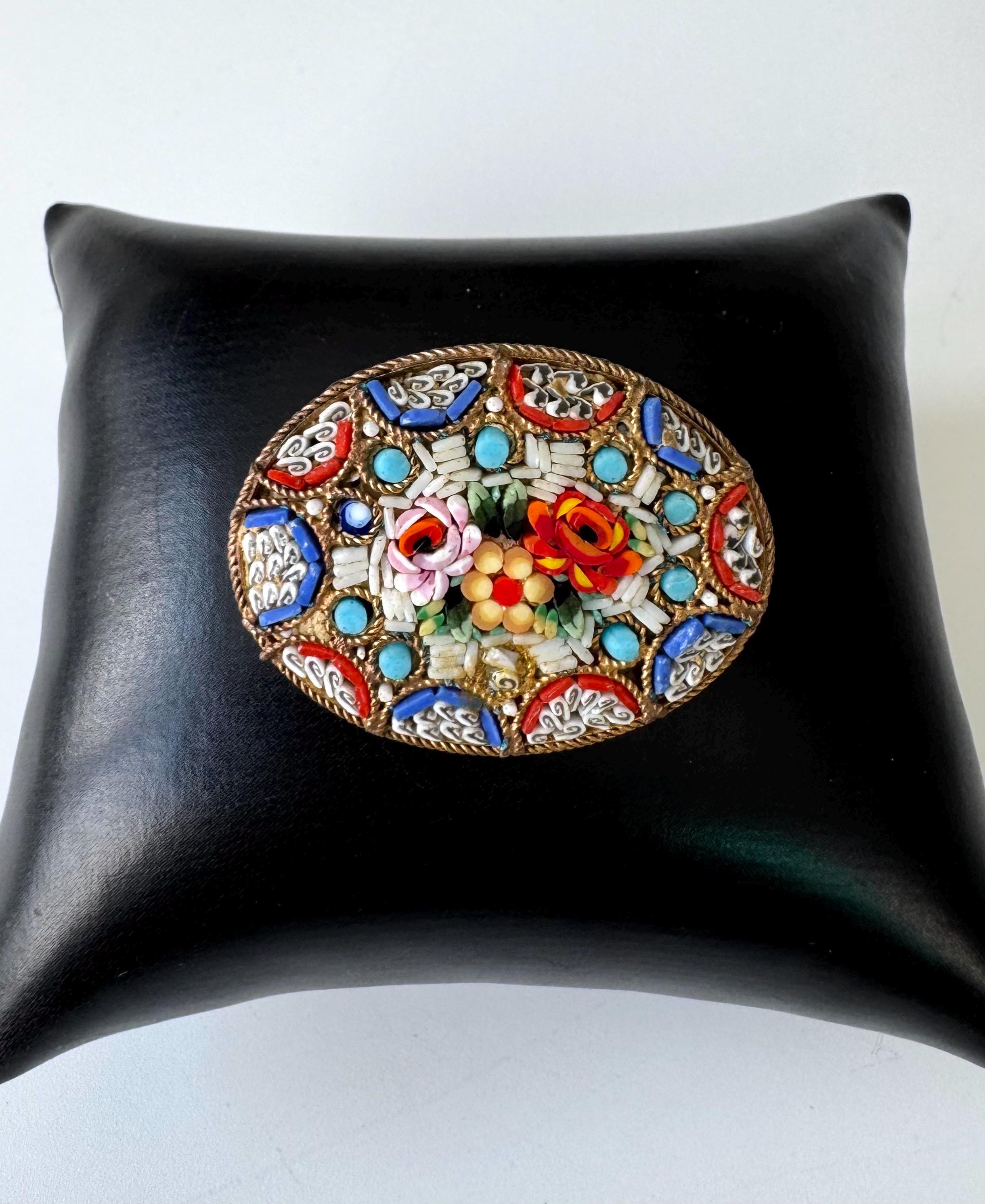 Broche Vintage Micro-mosaïque Millefiori - Motif Arbre Et Fleurs - Laiton Et Paillettes De Verre