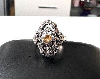 Bague Art Déco En Argent 925 - Filigrane, Citrine Et Perle De Culture - Neuf Sans Emballage