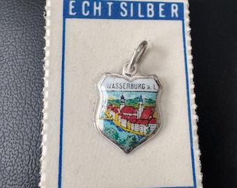Vintage wapenhanger van Wasserburg am Inn, 800 zilveren emaille souvenirhanger!