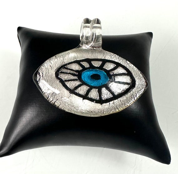 Pendentif Ancien En Verre De Murano Signé - Couleurs Vert, Noir, Bleu, Blanc - Longueur Cordon 36 Cm - Occasion