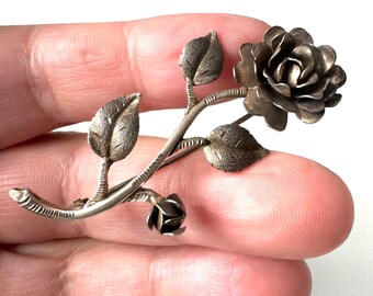 Broche Ancienne Art Nouveau Rose En Argent Massif - Style Nancy 9,5 Cm Occasion Très Bon État