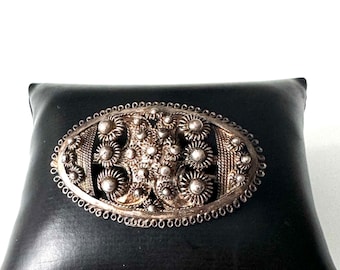 Antique Filigree Art Nouveau 925 Silver Brooch - Peasant Silver Traditional Costume Jewelry, Oval Shape
