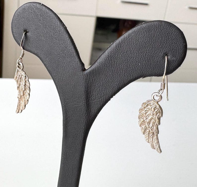 Pu&ograve; includere: Un paio di orecchini color argento, ciascuno con un design ad ala dettagliato. Gli orecchini pendono da un semplice gancio, mostrando gli intricati dettagli delle piume. Gli orecchini sono esposti su un supporto nero.