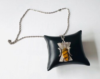 Modernist necklace, silver tiger's eye pendant, fashion jewelry, vintage!