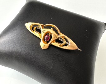 Broche Art Nouveau Ancienne Vers 1900 - Métal Doré Avec Pierre Rouge, Occasion D'époque Adorable