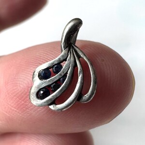 Op de afbeelding: Een zilveren hanger met een bladontwerp en blauwe edelstenen. De hanger is gemaakt van sterling zilver en heeft een delicaat, ingewikkeld ontwerp.