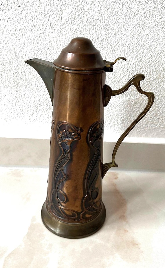 Jugendstil Art Nouveau Kupfer Kanne Schenkkanne Wasserkanne Kupferkanne