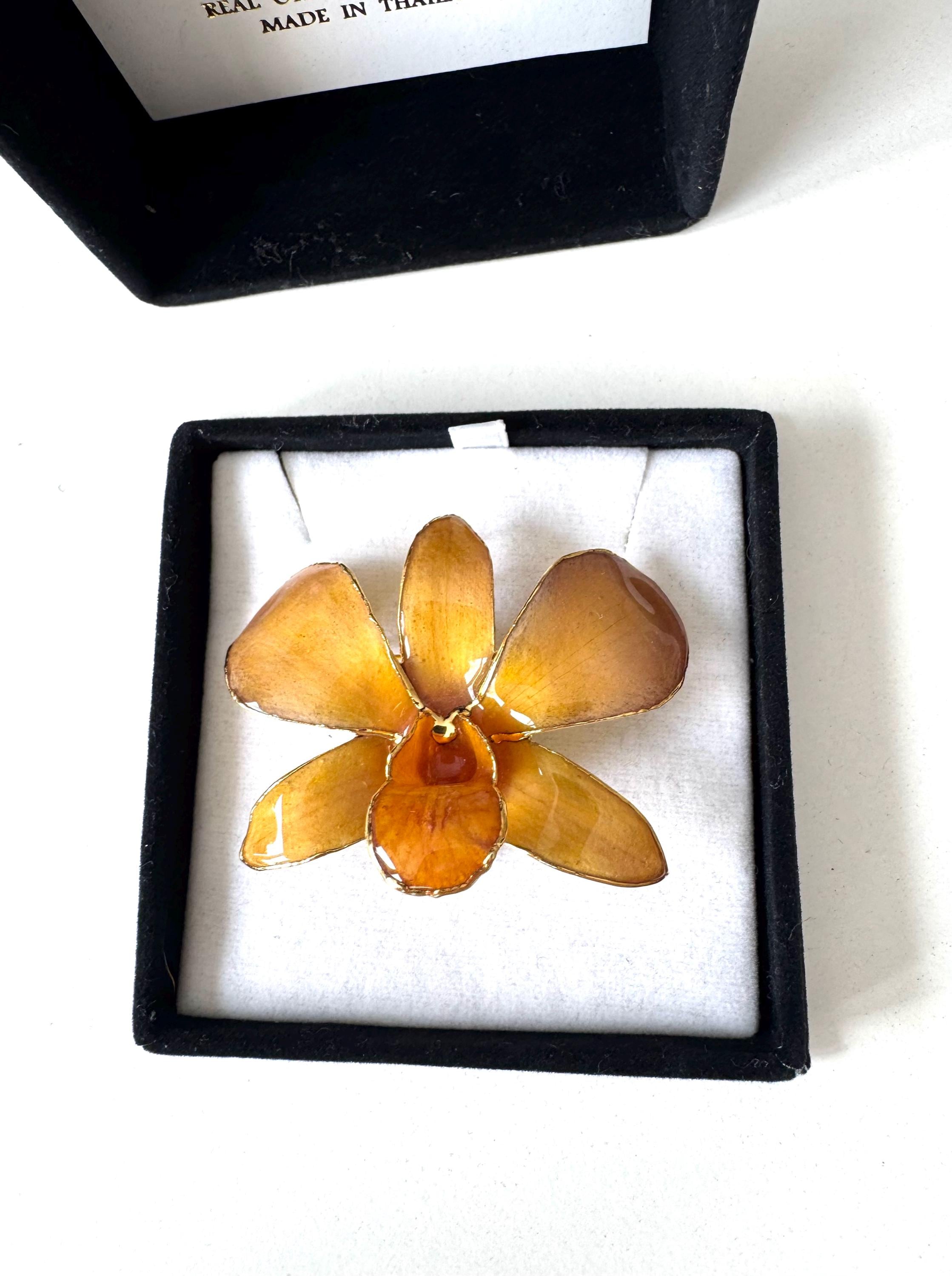 Real Orchid Brooch Pendant, 24K Gold Plated, Thailand Sainamphung