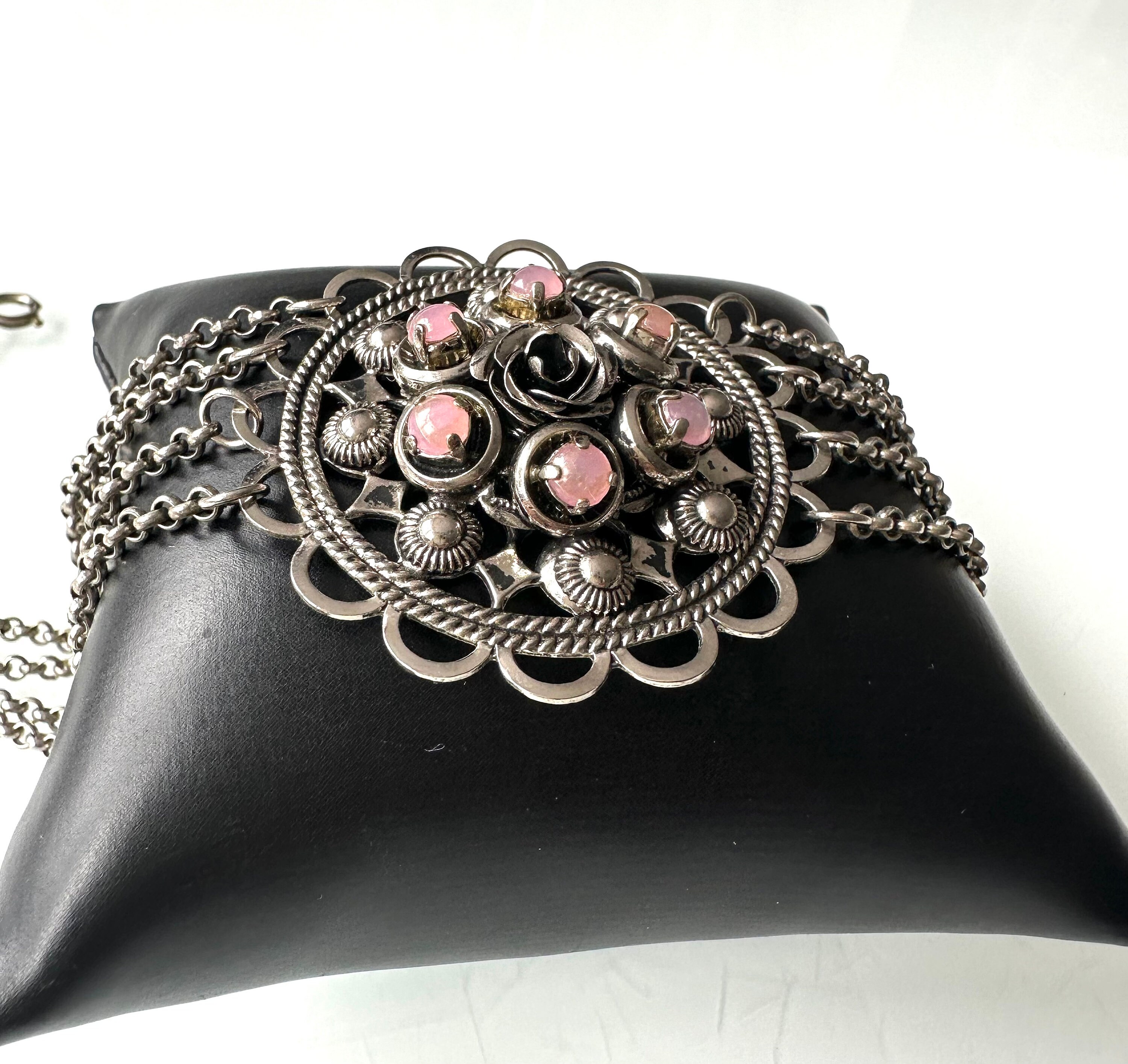 Collier Fantaisie Vintage En Pierres Roses - Occasion Très Bon état, Bijou Perles Roses