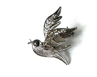 Broche antique Art Nouveau en argent véritable, colombe en filigrane en vol !