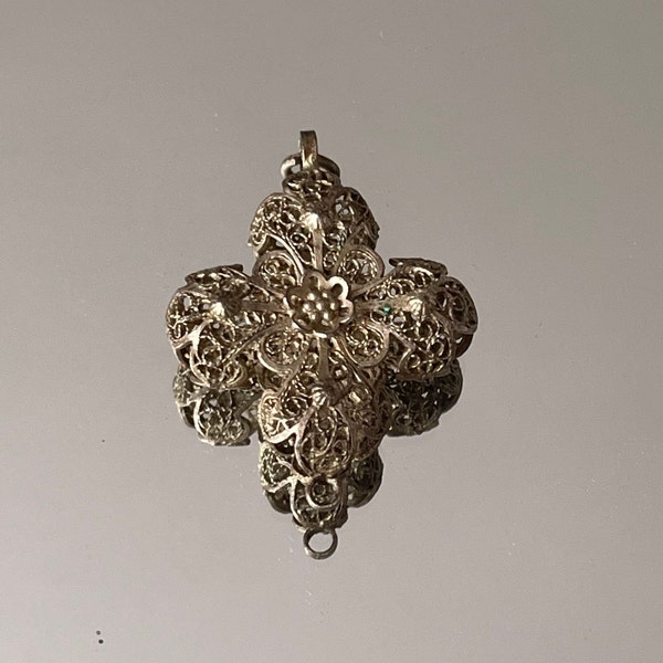 Beau vieux chapelet pendentif croix d'argent filigrane couronne d'argent croix d'argent antique