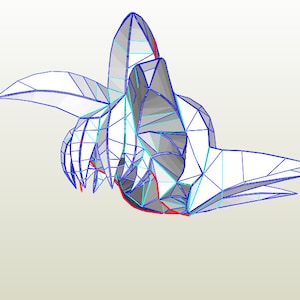May include: A 3D model of a white origami figure with blue and red lines. The figure is folded into a complex shape with many points and angles.