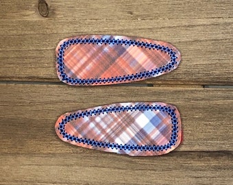 Plaid Snap Clip Cover - Red, White & Blue Faux Leather, Hair Clip, Barette, Hair Accessory,