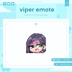 May include: An anime character with purple hair, green eyes and a surprised expression. The character is looking to the right. The character is in a white frame with a light blue background. The text "viper emote" is above the character. The text "1 emote in 112, 56 and 28px" is below the character.