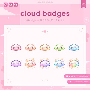 Puede incluir: Un conjunto de 10 insignias de nubes en varios colores y tamaños, que van desde 18 hasta 112 píxeles. Las insignias presentan una nube de dibujos animados linda con una cara sonriente y una venda en un lado. Las insignias son perfectas para agregar un toque de fantasía a tus diseños.