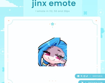 May include: A blue and pink animated character with blue hair and pink eyes. The character is looking to the right and has a slight smile. The character is a digital illustration of Jinx from the video game League of Legends. The image is a digital emote for use on Twitch, Discord, and other platforms.