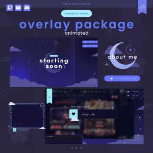 Twitch Stream Overlay Pack : Celestial Moon  (Blue) | Animated Scenes, Alerts, Panels & Webcam Frame
