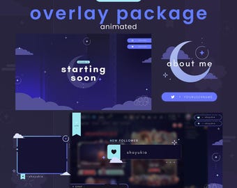 Twitch Stream Overlay Pack : Celestial Moon  (Blue) | Animated Scenes, Alerts, Panels & Webcam Frame