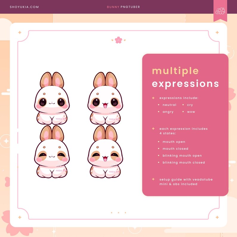 May include: Four variations of a cartoon bunny with different expressions: neutral, angry, cry, and wow. Each expression has four states: mouth open, mouth closed, blinking mouth open, and blinking mouth closed. The bunny is white with brown ears and a pink body. The text "multiple expressions" is in the upper right corner of the image.