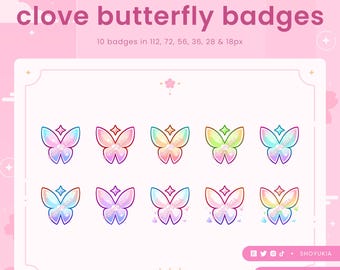 May include: Ten colorful butterfly badges in various sizes, ranging from 18 to 112 pixels. The badges feature a sparkly, iridescent design with a star on top. The text "clove butterfly badges" is at the top of the image.