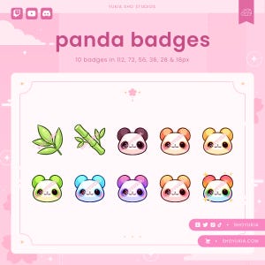 Peut inclure: Un ensemble de 10 badges de panda de différentes tailles et couleurs, notamment vert, bleu, rose, orange et jaune. Les badges présentent de jolis visages de panda avec différentes expressions. Les badges sont parfaits pour ajouter une touche de fantaisie à votre présence en ligne.