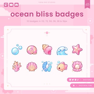 Peut inclure: Un ensemble de 10 badges sur le thème de l'océan de différentes tailles, avec des illustrations de coquillages, de coraux, d'étoiles de mer, de bulles et d'un poisson. Les badges sont sur un fond rose avec le texte "ocean bliss badges" et "10 badges in 112, 72, 56, 36, 28 & 18px".