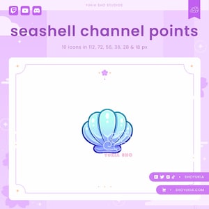 Puede incluir: Gráfico digital con un icono de concha de color azul claro, parte de un conjunto de 10 iconos. El texto "seashell channel points" se muestra encima del icono, con información de tamaño debajo. El diseño está sobre un fondo lavanda.