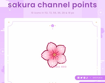 May include: Pink cherry blossom flower icon with a white outline. The icon is on a white background with a gold border. The text "sakura channel points" is at the top of the image. The text "10 icons in 112, 72, 56, 36, 28 & 18 px" is below the title.