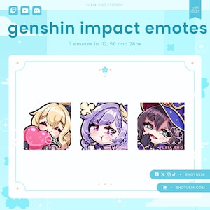 Peut inclure: Trois émoticônes animées représentant des personnages du jeu vidéo Genshin Impact. Les émoticônes sont de style cartoon et présentent un cœur rose, un personnage violet avec une fleur et un personnage violet avec un chapeau bleu.