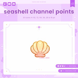 May include: A seashell channel point icon with a white background and a pink border. The icon is a cartoon seashell with a yellow and orange colour scheme. The text "seashell channel points" is at the top of the image. The text "10 icons in 112, 72, 56, 36, 28 & 18 px" is below the icon.
