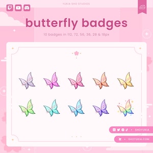 Peut inclure: Graphique rose avec le texte "butterfly badges" et 10 motifs de papillons de différentes couleurs. Les badges sont disponibles en tailles 112, 72, 56, 36, 28 et 18px. L'image comprend également des icônes de médias sociaux et une adresse de site Web.