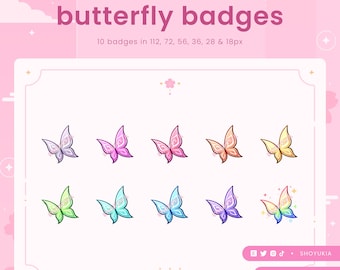 May include: A pink graphic with the text "butterfly badges" and 10 butterfly designs in various colors. The badges are in different sizes, including 112, 72, 56, 36, 28, and 18px. The image also includes social media icons and a website address.