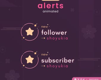 May include: A digital graphic with a dark purple background featuring animated alerts for new followers and subscribers. The alerts include a star icon and the text "shoyukia."