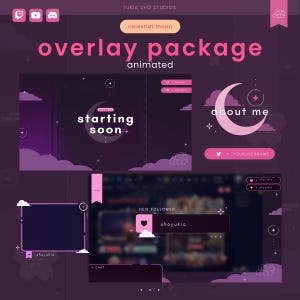 Twitch Stream Overlay Pack : Celestial Moon  (Pink) | Animated Scenes, Alerts, Panels & Webcam Frame