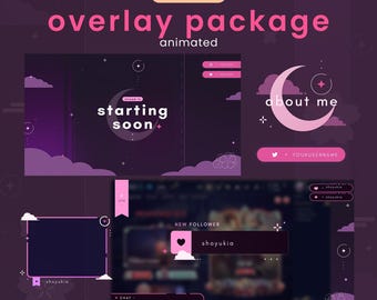 Twitch Stream Overlay Pack : Celestial Moon  (Pink) | Animated Scenes, Alerts, Panels & Webcam Frame