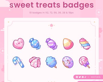 May include: A pink graphic featuring the text "sweet treats badges" and various candy icons. The icons include a heart, wrapped sweets, a candy corn, a rainbow swirl, a candy cane, a meringue, cotton candy, a donut, and a lollipop.