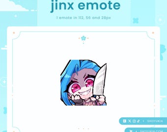 May include: A cartoon illustration of Jinx from League of Legends, a video game, with blue hair and a mischievous grin, holding a knife. The image is a digital emote for use in online chat.