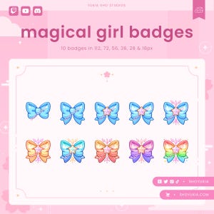 Può includere: Dieci badge colorati di ragazze magiche di diverse dimensioni, da 18 a 112 pixel. Ogni badge presenta un fiocco blu con una stella e glitter.