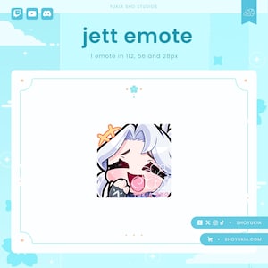 May include: A digital illustration of a cartoon character with white hair and a pink and blue outfit. The character is smiling and has a surprised expression. The image is a digital emote for use in online chat.